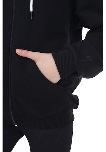 Toontoy Kız Çocuk Kapüşonlu Fermuarlı Cepli Düşük Omuz Nakış Baskılı Örme Hırka - 2 İplik Siyah