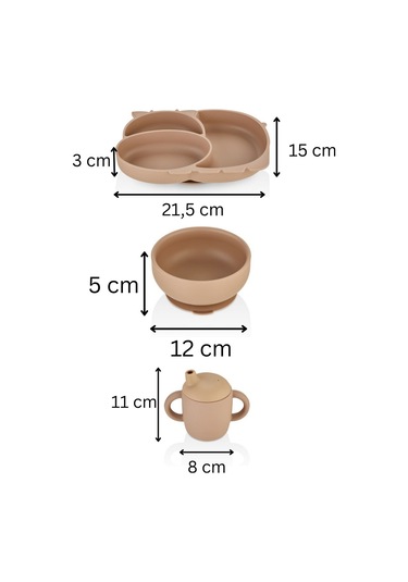 3'lü Silikon Bebek Beslenme Seti / Bölmeli Mama Tabağı / Mama Kasesi / Bebek Bardağı- Moka Mocca