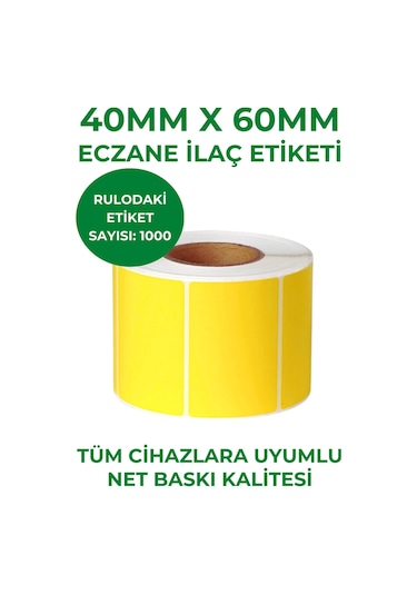 40x60 1000li Eczane İlaç Tarif Etiketi Sarı Renk 1 Adet
