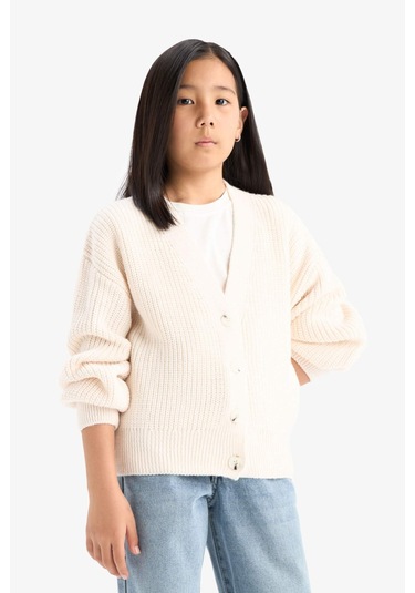 Defacto Kız Çocuk V Yaka Düğmeli Triko Hırka A2298a825auer105 Ekru