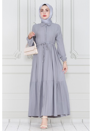 Gömlek Yaka Beli Tünelli Sare Elbise-gri-4014-gri Gri