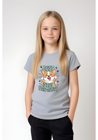 Just Stay Paw Baskılı Kız Çocuk Tişört Ve Eşofman Alt-üst Takım Gri
