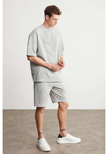 Colombıa Erkek 2'li Set Comfort Fit Rahat Kalıp Yazı Nakışlı Şardonsuz Grimelanj Eşofman Takımı