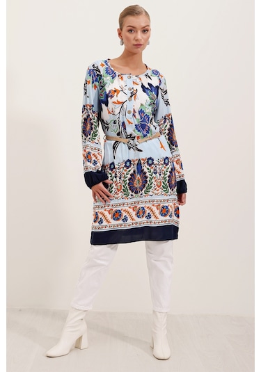 Bigdart 5902 Kemerli Desenli Elbise - Lacivert 001