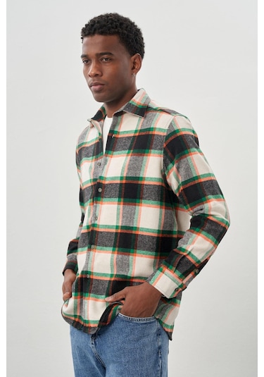 Siyah Yünlü Ekose Desen Yumuşak Yaka Cepsiz Uzun Kol Casual Comfort Fit Gömlek 1004245227 Siyah