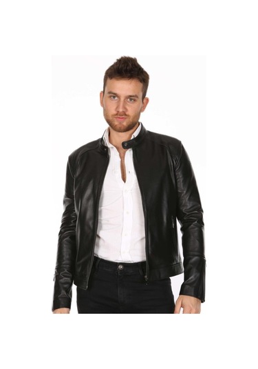 Hakiki Kuzu Derisi Fermuarlı Sportif Erkek Deri Ceket Siyah Siyah