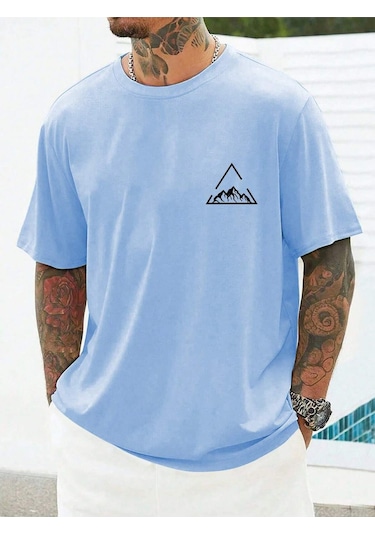 Üçgen Dağ T-shirt - Bebe Mavisi Baskılı Oversize Bisiklet Yaka Kısa Kol Tişört Bebe Mavisi