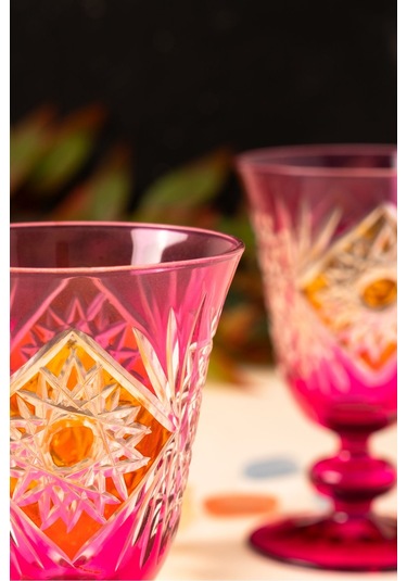 Mest 6 Kişilik Pembe Özel Yapım El Işçiliği Ayaklı Cam Kahve Yanı Su Bardağı Seti 200 Cc - Zarif Tasarım Pembe