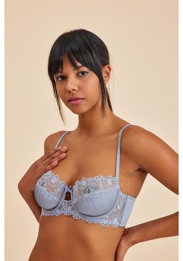 Paris Gri Mavi Balenli Dantelli Dolgusuz Toparlayıcı Balkonet Sütyen Mavi