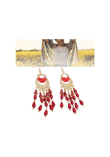 Lemestar Kadınlar İçin Kırmızı Retro Desenli Alüminyum Tassel Küpe, Hafif Ve Konforlu, Boho Vintage Stili, Hediye Kutusu İçerisinde 2 Adet Diğer