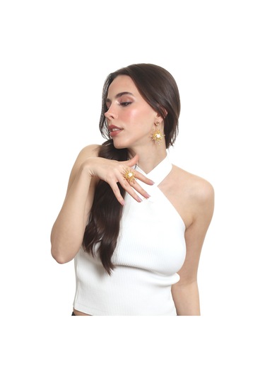 Labalaba Kadın Altın Renk Kaplama İnci Detaylı Büyük Güneş Yüzük& Küpe Seti Altın