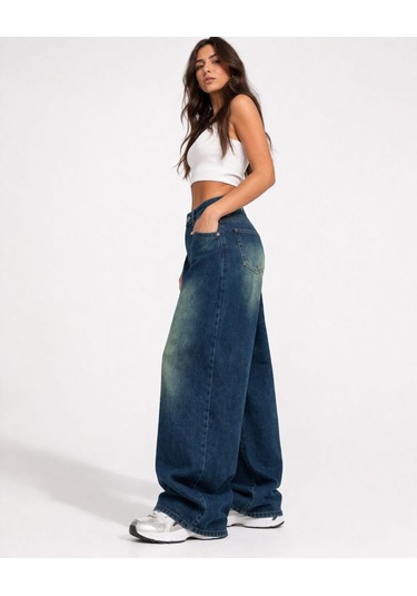 St.poll Eskitme Vintage Yeşil Yıkama Unisex Baggy Jeans Pantolon Yeşil Yıkamalı