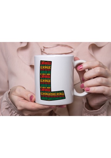 L Harfi Etnik Desenli Kupa - Afrika Tarzı Kahve Çay Kupası - Hediyelik - Black History Beyaz