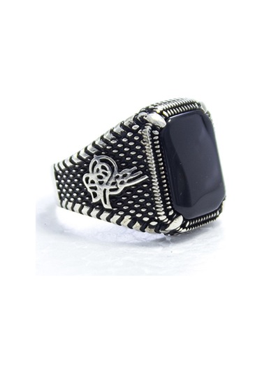 Gümüş Pençe Model Tuğra Desenli Kare Oniks Taşlı Erkek Yüzük