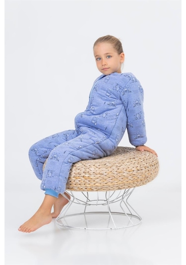 Kız Erkek Çocuk Kalın Elyaf Dolgulu Premium Kalite 2.5 Tog Desenli Uyku Tulumu Mavi Melanj