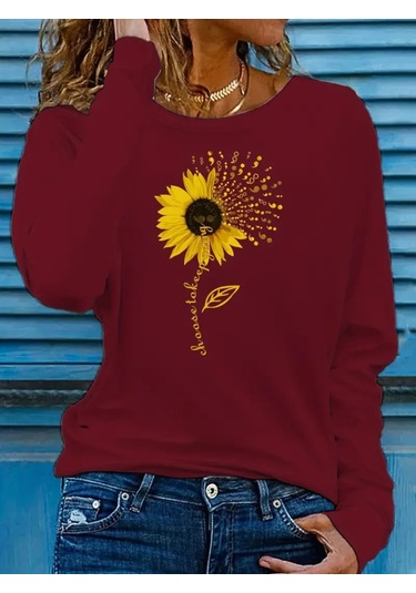 Leyla Sanat Sanata Yeni Bir Bakış Açısı Kadın Uzun Kollu Bisiklet Yaka Ayçiçeği Desenli Viskon Bluz Bordo