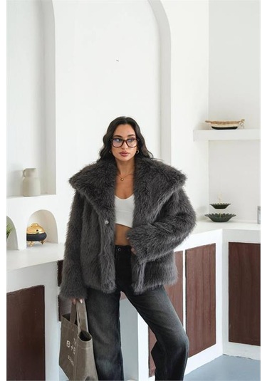 Neşeli Butik Kadın Antrasit Astarlı Kürk Kaban Nbmylk32 Antrasit