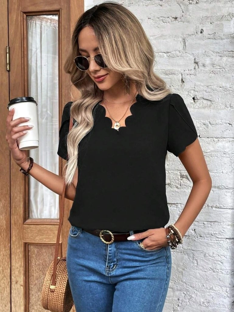 Amorluxe Kadın Kısa Kollu Lazer V Yakalı Ithal Krep Bluz Siyah