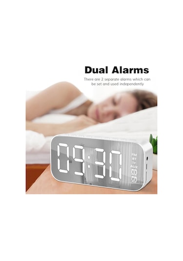 Yifomall Beyaz Mini Bluetooth Hoparlör - Fm Radyo, Çift Alarm, Ayna Fonksiyonu, 12/24 Saat Gösterimi, Usb Şarjlı