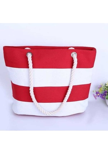 Novahub Kalın Keten Halat Saplı Çizgili Tuval Plaj Çantası - Büyük Kapasite Kırmızı Beyaz - Seyahat Alışveriş İçin Kadınlar İçin Kırmızı - Beyaz