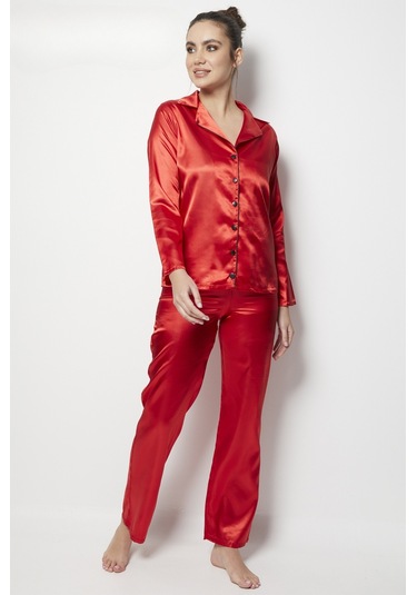 Faryanight Saten Uzun Kollu Düğmeli Gömlek Pijama Takımı Kırmızı