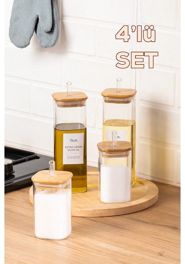 Perotti Cubes Borosilikat 4 Lü Pratik Mutfak Seti Bambu Kapak-yağlık Sosluk Sirkelik Şekerlik Şeffaf