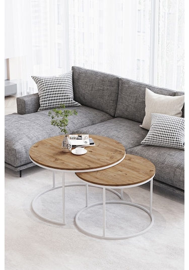 Paris Orta Sehpa 2'li Beyaz Metal - Atlantik Çam Tabla