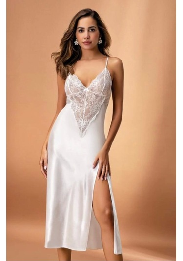 Nurteks 7136 Kadın Saten Uzun Gecelik Ekru