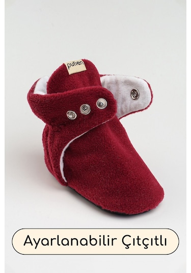 Organik Pamuk Astarlı, Bebek İlk Adım Ayakkabısı, Kaydırmaz Taban, Bebek Pandufu, Bej Patik Kırmızı