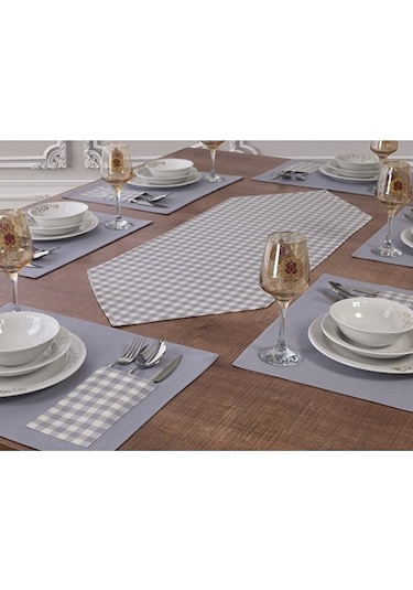 Amerikan Servis Supla Ve Runner Seti 12 Kişilik Set Gri Ekose Des Gri