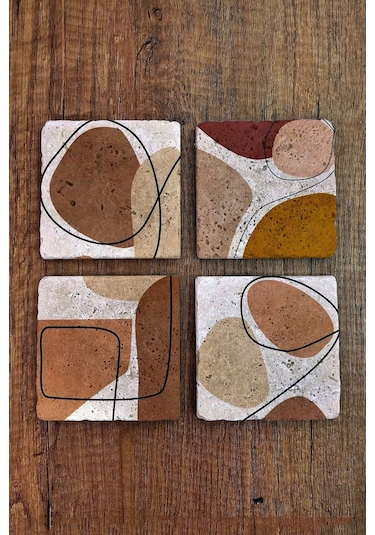 Doğal Taş Bardak Altlığı Pastel Renkler Baskılı 4'lü Set - Stone Coasters Çok Renkli