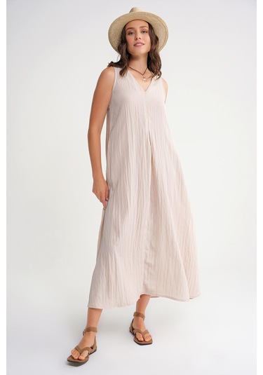 4700 Kadın V Yaka Önü Pileli Elbise Taş Taş