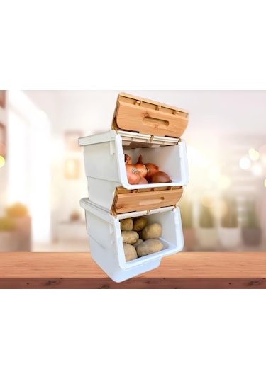 Motek Patetes Soğan Sepeti Oyuncak Kutusu Tekerlekli Organızer Çok Amaçlı Kutu 2x12lt-bambu+krem