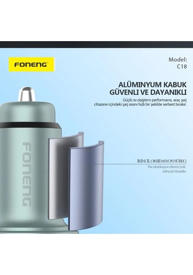 Foneng C18 48w Type-c + Usb Led Gösterge Araç İçi Şarj Adaptörü -