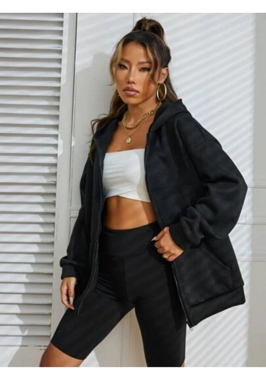 Relax&Basic Siyah 2 İp Örme Kumaş Kapüşonlu Fermuarlı Sweatshirt Siyah