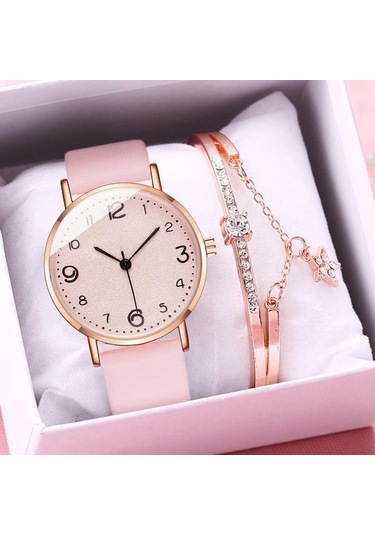 Pembe Lüks Kadın Bilezik Saatler Seti Bayanlar Basit Taklidi Bilezik Izle Moda Zarif Deri Kayış Kuvars Kol Saati Doğum Günü Hediyesi Kadınlar İçin