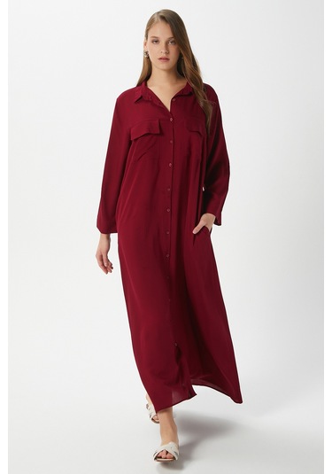 Prive Kadın Plain Bordo %100 Viskon Maksi Boy Cepli Yazlık Uzun Elbise