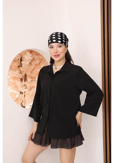 Kadın Slim Fit Dar Kesim Vücuda Oturan Uzun Kollu Siyah Gömlek