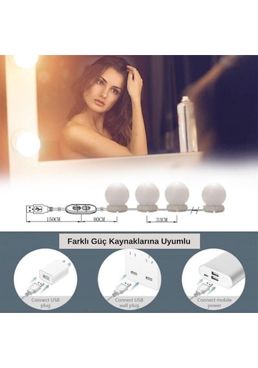 Nostalji Hollywood Tarzı 10lu Makyaj Masası Aynası Beyaz Led Işıklı Lamba USB