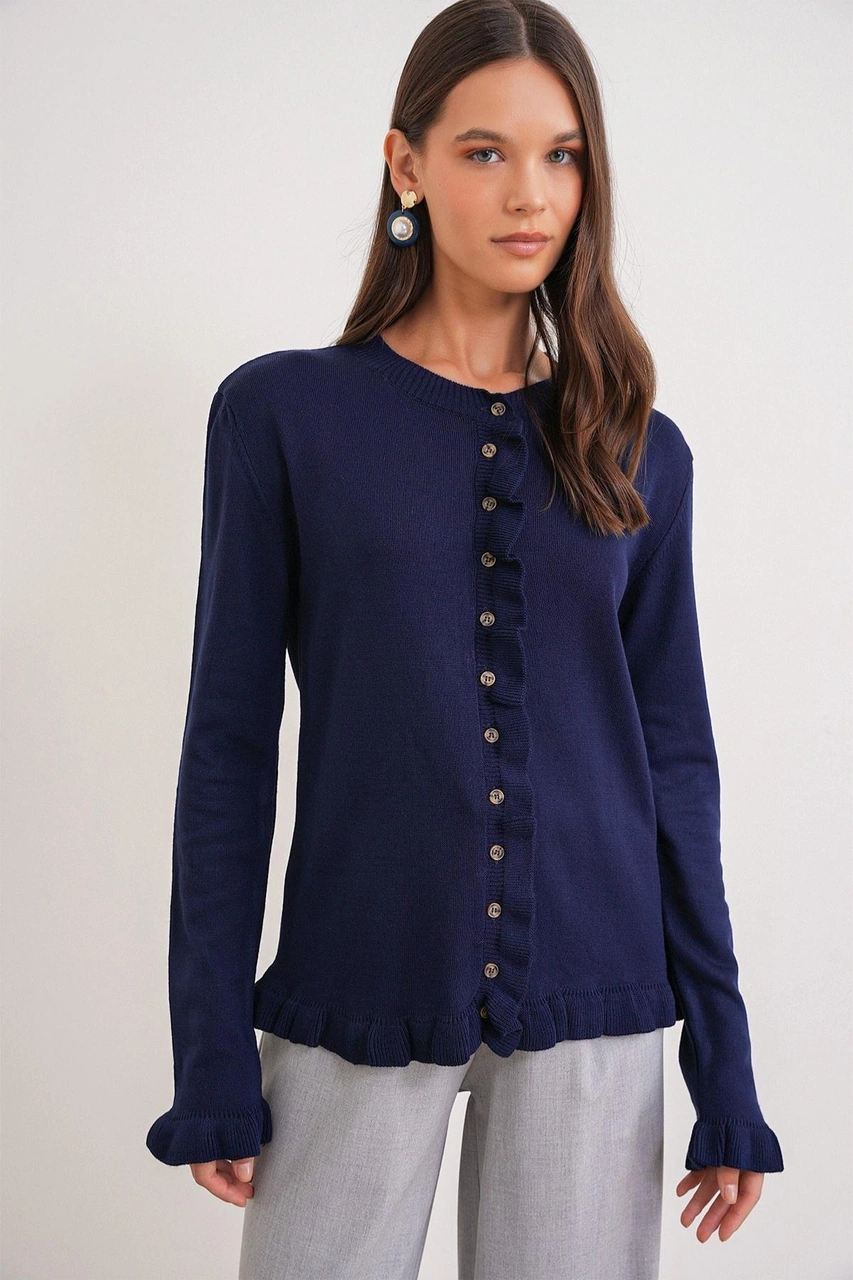 6964 Kadın Düz Fırfırlı Düğmeli Hırka Lacivert Lacivert