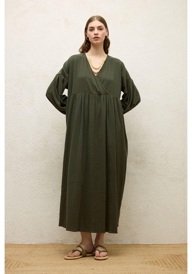 Manuka Pamuklu Kruvaze Elbise Zümrüt