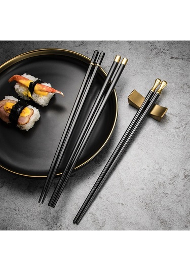 Mufunye Aile İçin Yenilikçi Japon Stili Dayanıklı Alyuminyum Çubuk Çatal, Tek Kişilik Hijyenik Kullanim, Yüksek Sıcaklığa Dayanır - Siyah Altın Desenli 5'li Paket Diğer