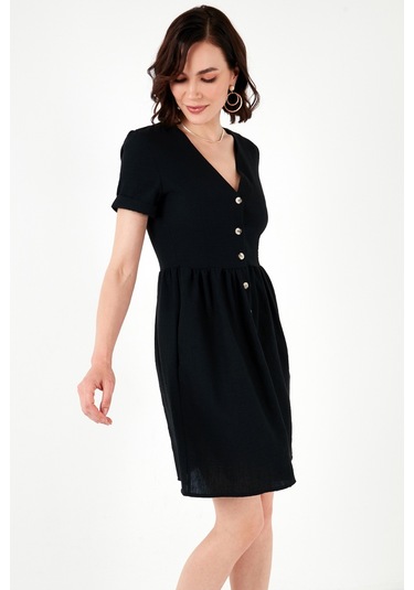 Lela Cepli Önü Düğmeli Kısa Kollu V Yaka Regular Fit Bayan Elbise 611El222 Siyah Lela Cepli Önü Düğmeli Kısa Kollu V Yaka Regular Fit Bayan Elbise 611El222 Siyah