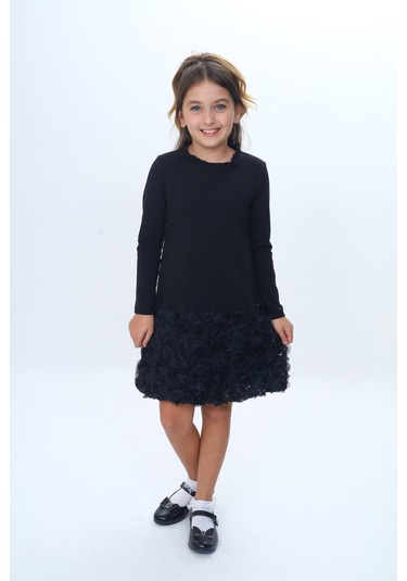 Toontoy Kız Çocuk Yaka Fırfır Etek 3d Güllü Elbise Siyah