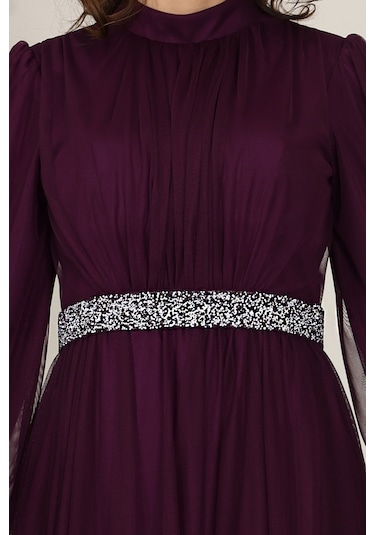 Alia Şık Taş Detaylı Büyük Beden Tesettür Abiye - Alya Mürdüm