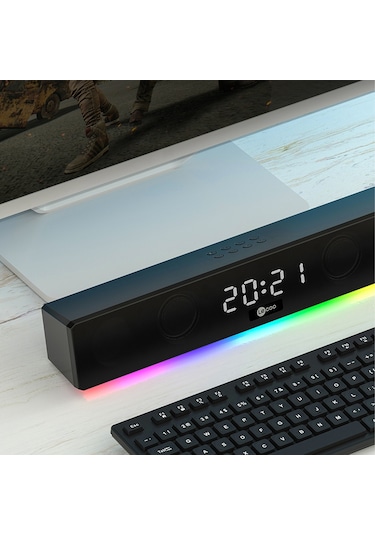 Lecoo DS103 Kablosuz Bluetooth 10W RGB Saat/Alarm Stereo Soundbar Hoparlör Siyah
