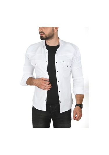 Deepsea Erkek Beyaz Büyük Beden Pamuklu Likralı Spor Gömlek Dar Kalıp, Çıt Çıt Kapamalı 2500423 Beyaz