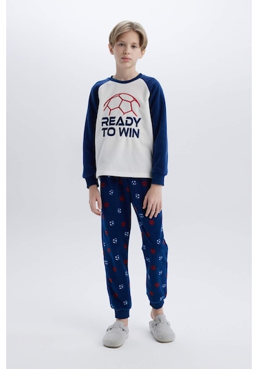 DeFacto Erkek Çocuk Polar Pijama Takımı Bisiklet Yaka Baskılı Uzun Kollu Üst Beli Lastikli Uzun Alt D8600A824CWWT34