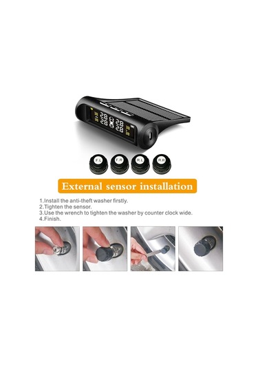 Araba Tpms Lastik Basıncı İzleme Sistemi İle 4 Harici Sensör Solar Şarj Hd Dijital Lcd Ekran Otomatik Alarm Sistemi