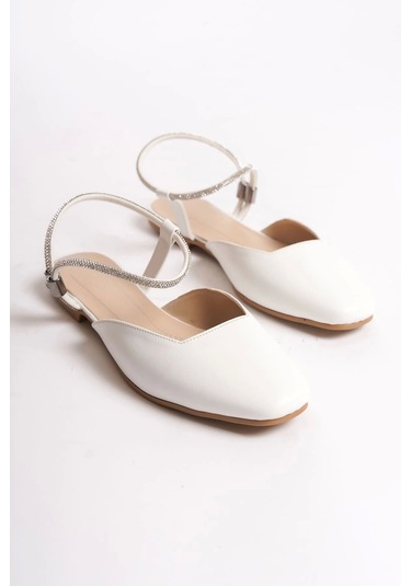 Carolıne Lastikli Ortopedik Rahat Taban Bilekten Taş Detaylı Kadın Babet Ayakkabı Kt Beyaz Beyaz